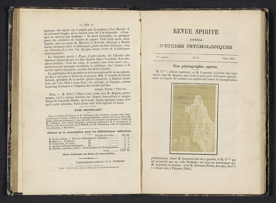 Exemplaire de la revue spirite, en 1869. Photographie spirite de Pierre-Gattan Leymarie, d'un homme inconnu et du fantôme d'Édouard Poiret