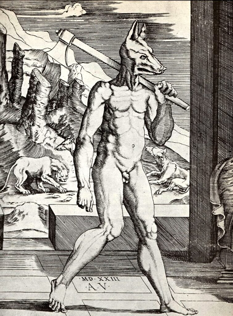 Le roi lycaon changé en loup par Zeus, Gravure du XVIe siècle